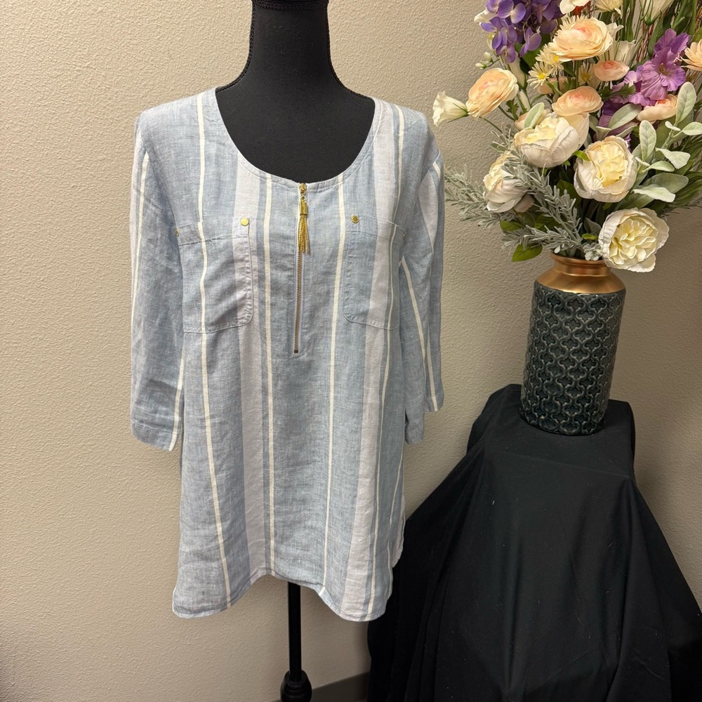 Ellen Tracy Linen Striped Tunic Top L Blue White Zip Front 3/4 Sleeve Summer - Picture 1 of 10